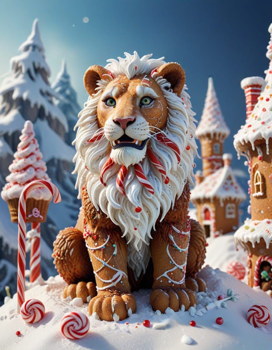 Gingerbread Lion Guards Candy Fortress, Watercolor Style