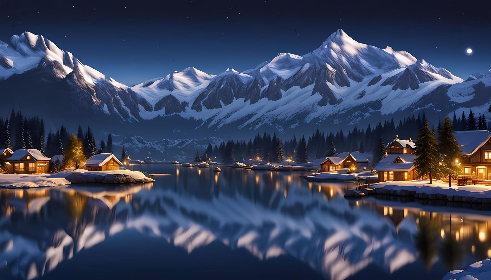 Peaceful Night Harbor with Mountain View