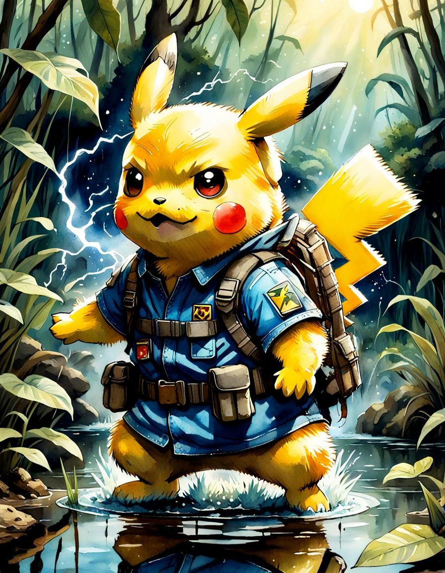 Pikachu's Tactical Thunder: A Watercolor Anime Adventure