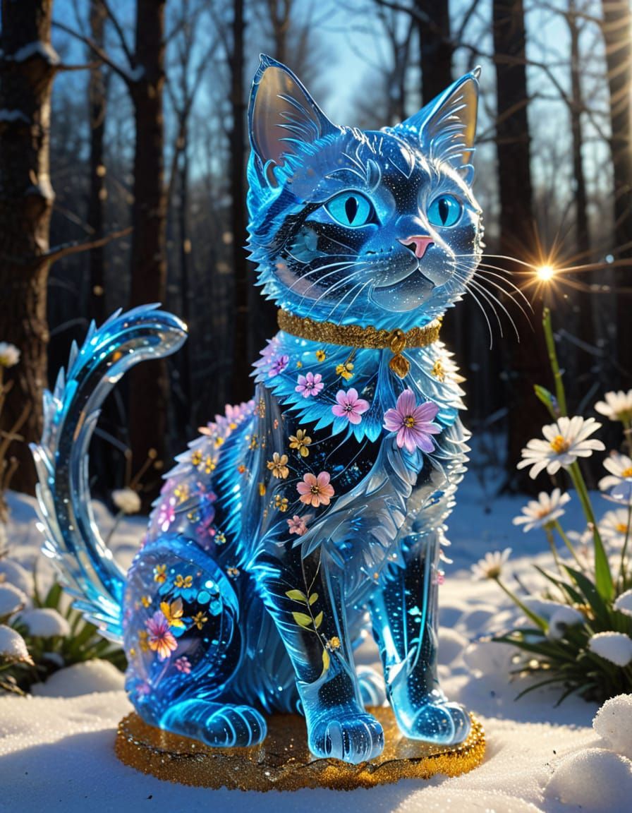 Luminescent Crystal Cat Sculpture in Winter Forest