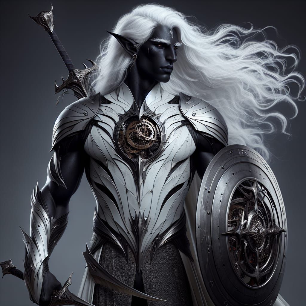Dark Elf Paladin with Clockwork Orb and Metallic Armor