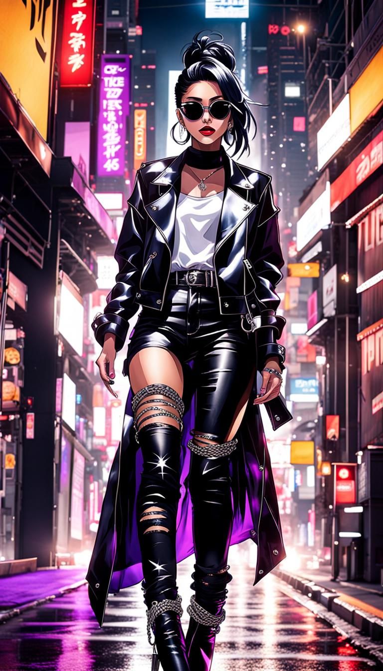 Anime Style Mafia Girl in Black and Purple