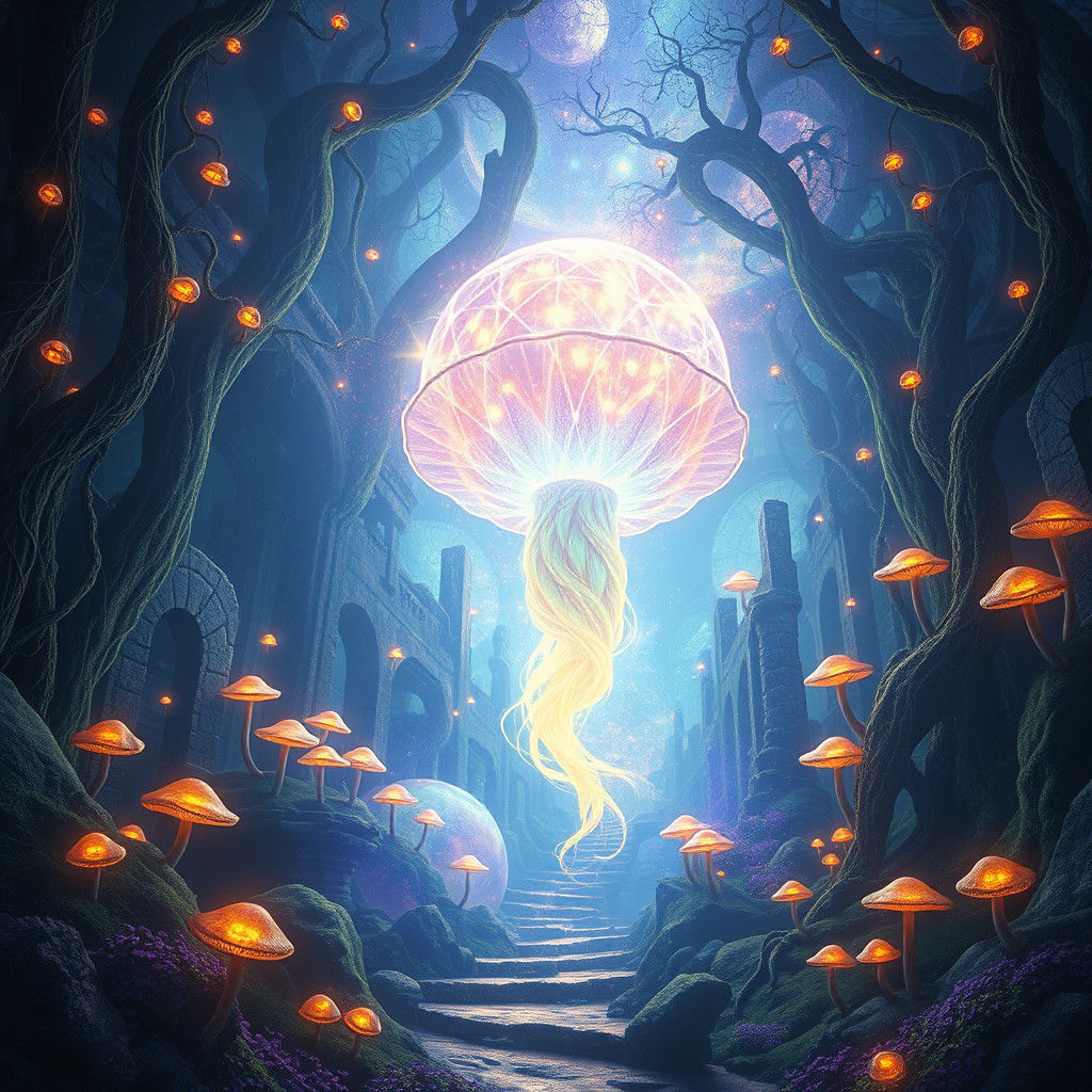 Mystical Iridescent Strawberry in Ancient Ruins