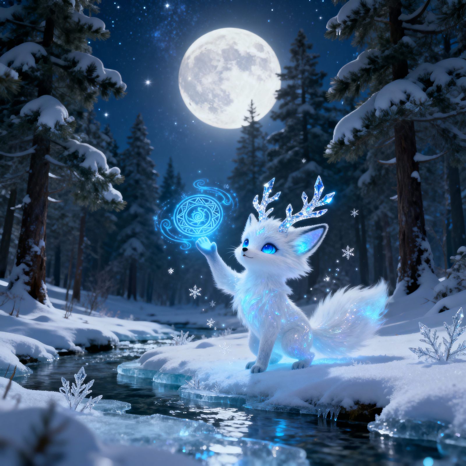 Magical Fox Creature in Snowy Forest Glade