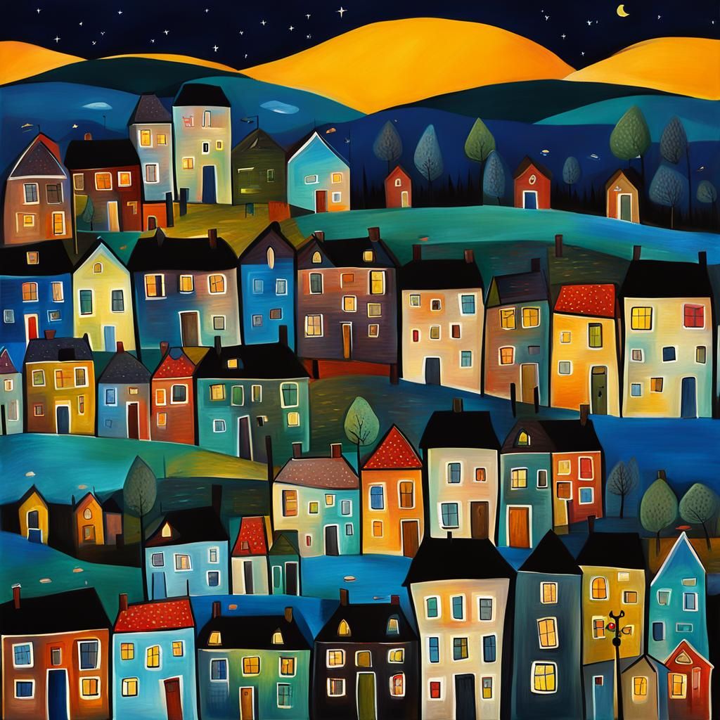 Whimsical Night Village: Naive Digital Art