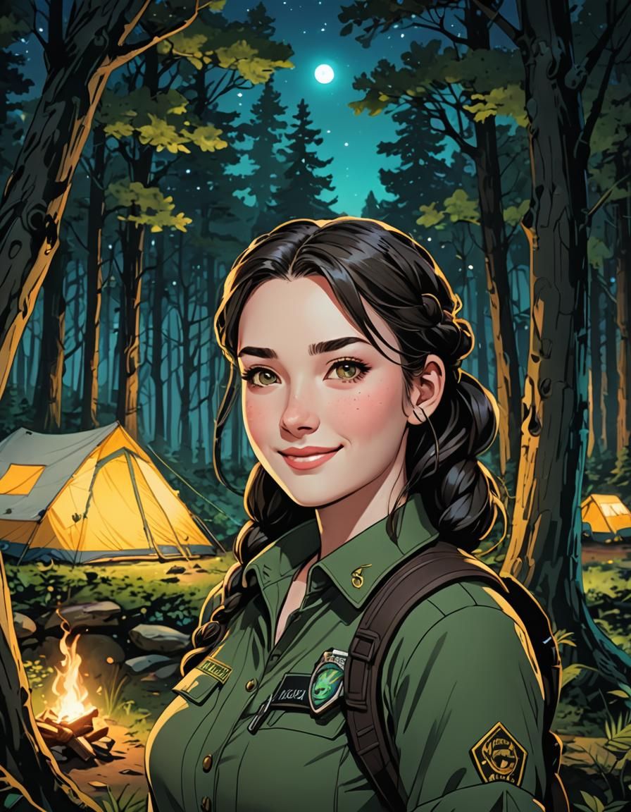 Curvy Park Ranger in Magical Forest, Digital Art