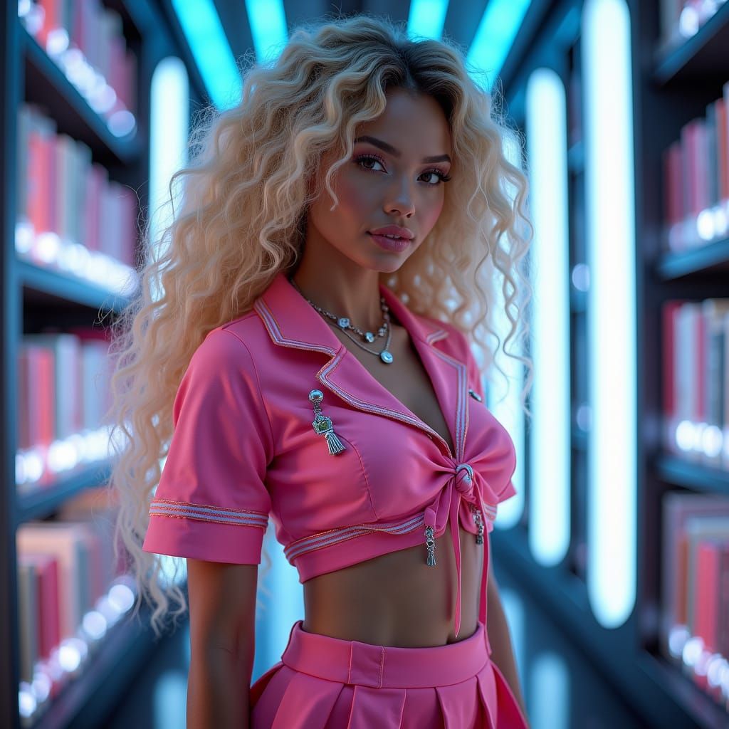 Futuristic Schoolgirl in High-Tech Library Portrait