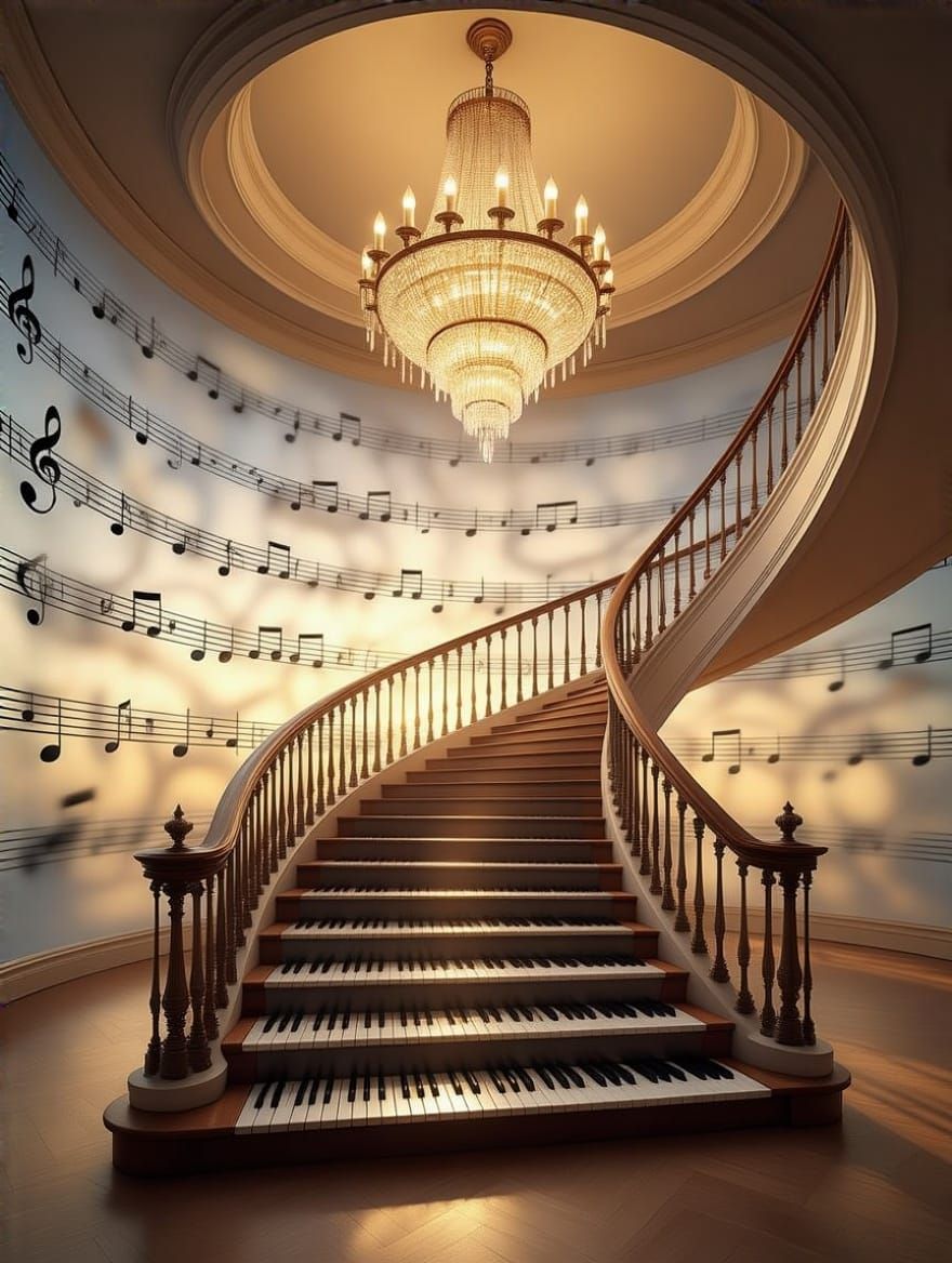Ethereal Grand Staircase Ascends to Celestial Chandelier