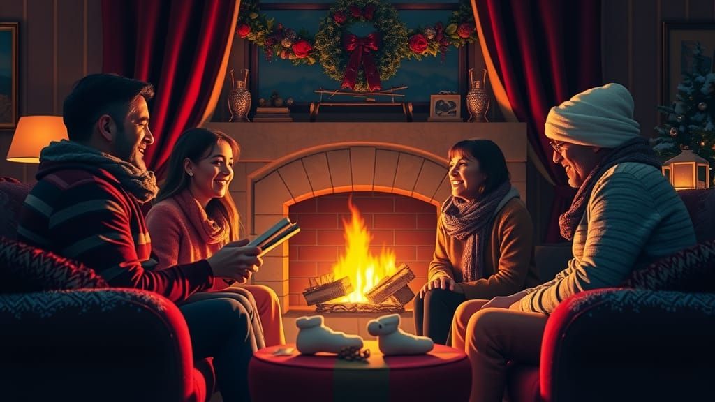 Cozy Winter Evening by Fireplace in Splash Art Style