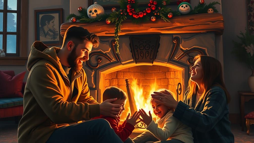 Cozy Winter Evening Family Scene as Splash Art