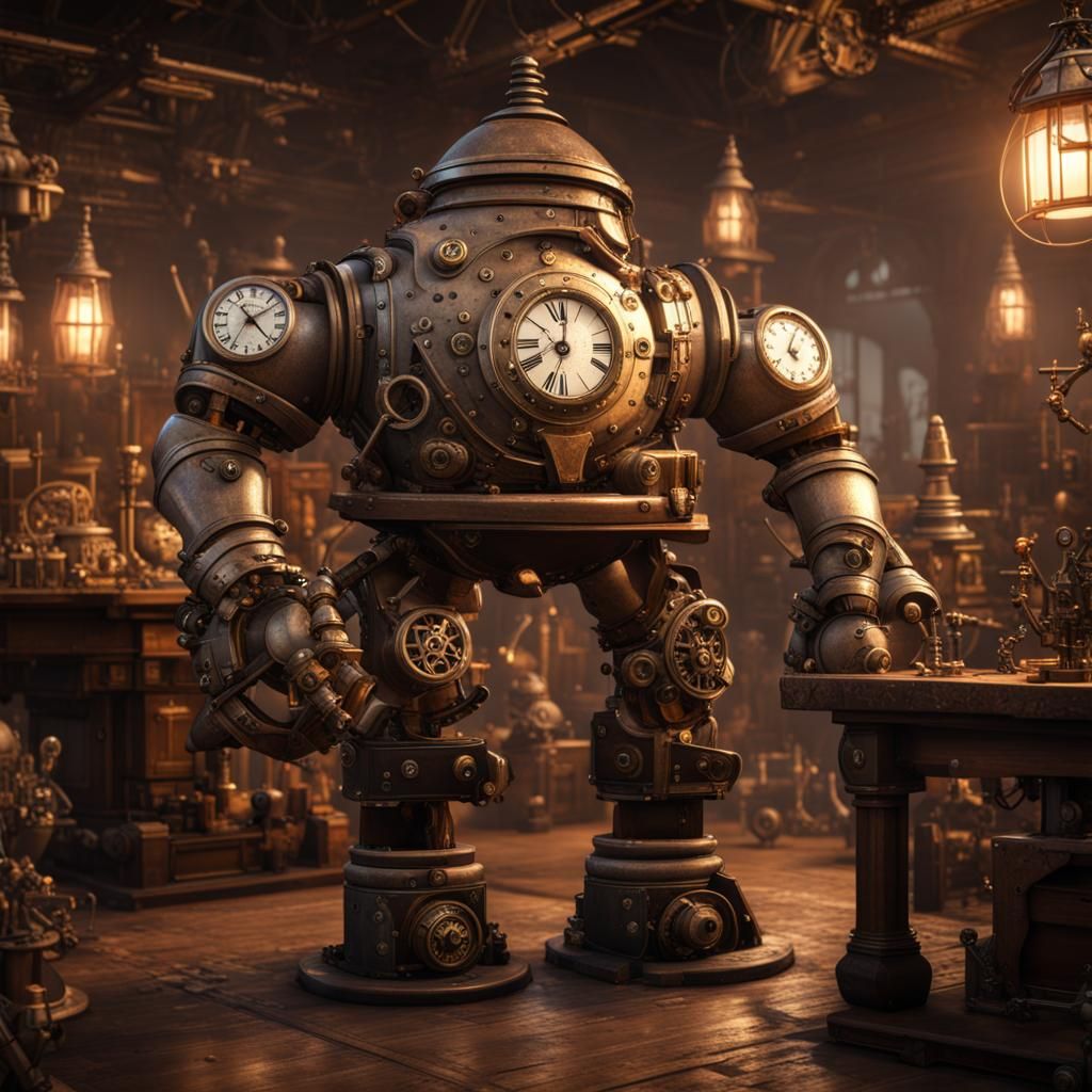 Steampunk Clockwork Golem with Gnomes in 8K