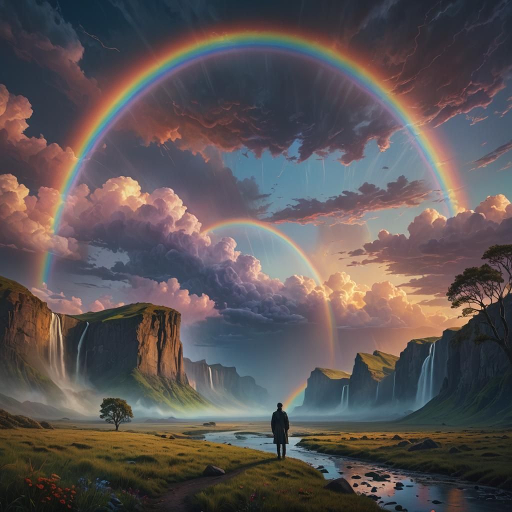 Dawn Silhouette Under Rainbow in Magic Realism Style