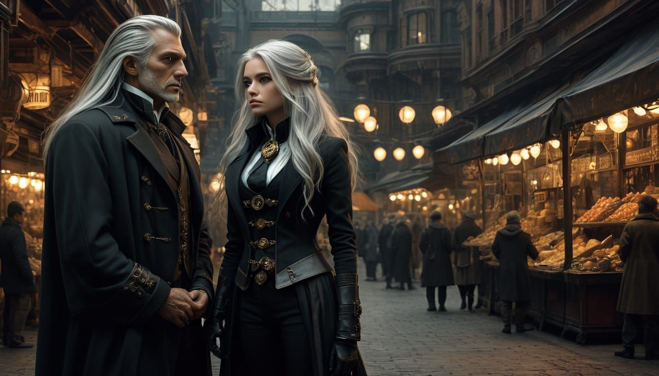Steampunk Power Couple in a Majestic Marketplace