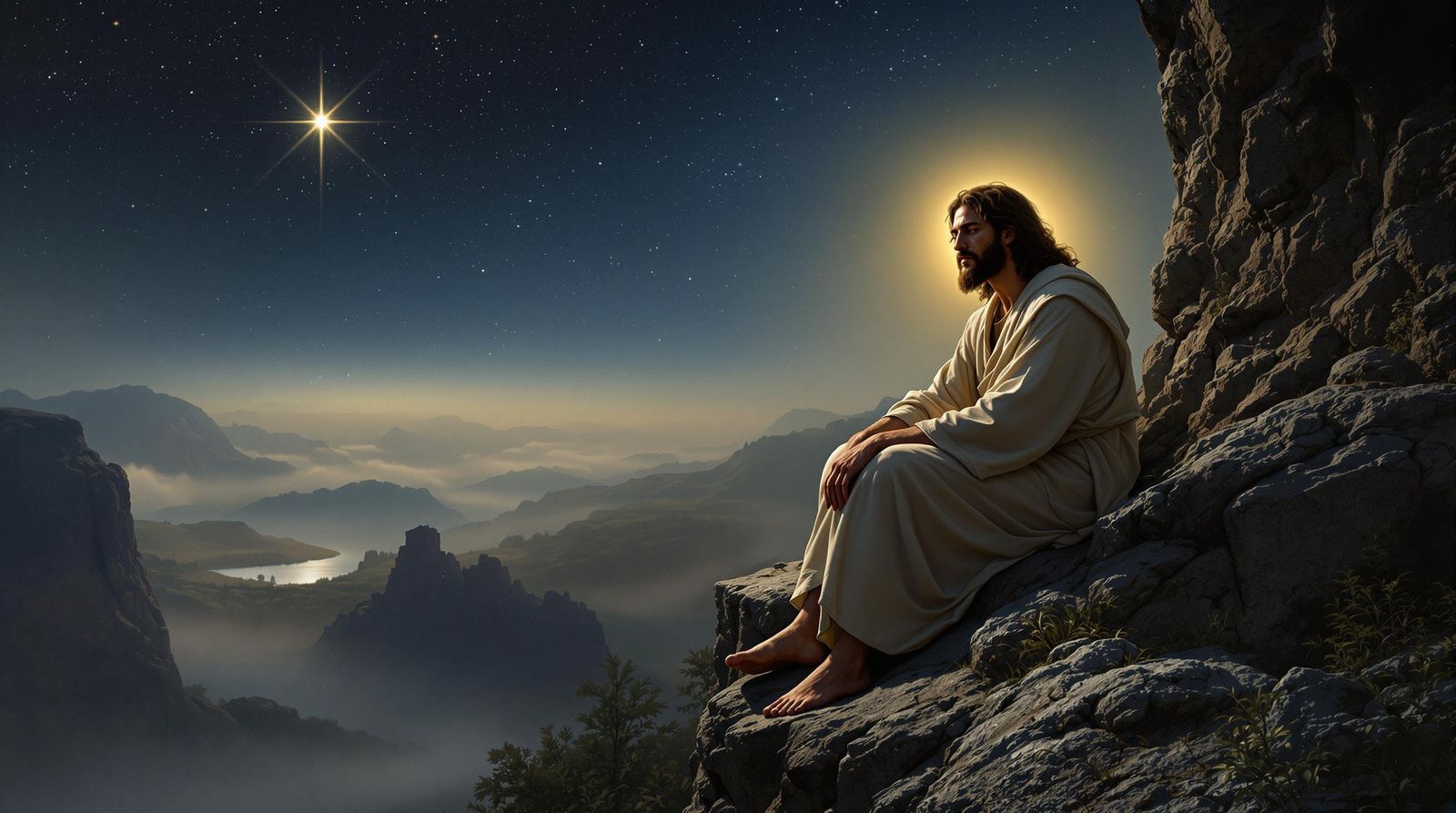 Serene Jesus on Cliffside at Night in Realistic Detail