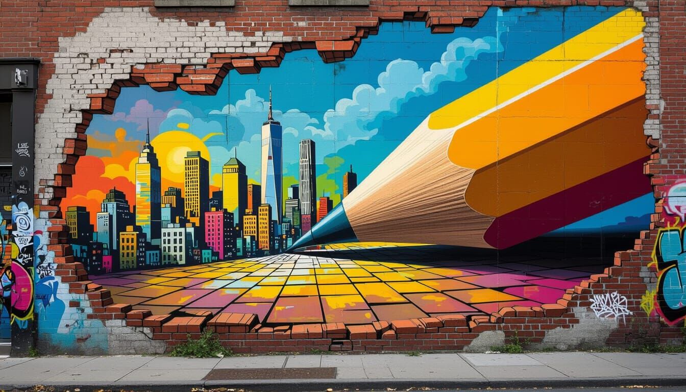 Giant Pencil Creates Cityscape Mural on Brick Wall
