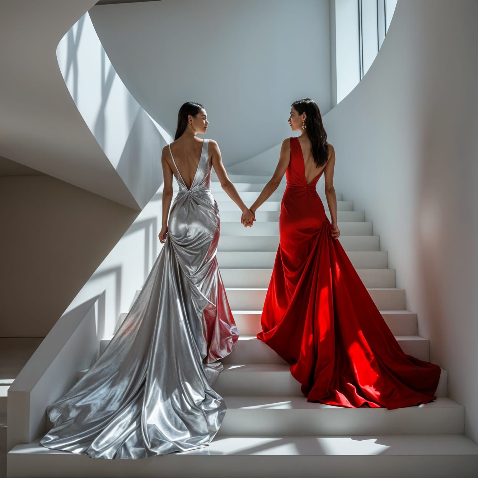 A supermodel in a shimmering silver gown, walking down a gra...