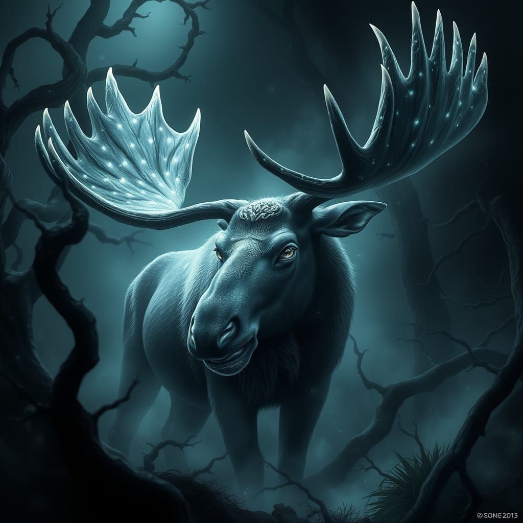 Majestic, Glowing Moose in a Dark Fantasy Forest