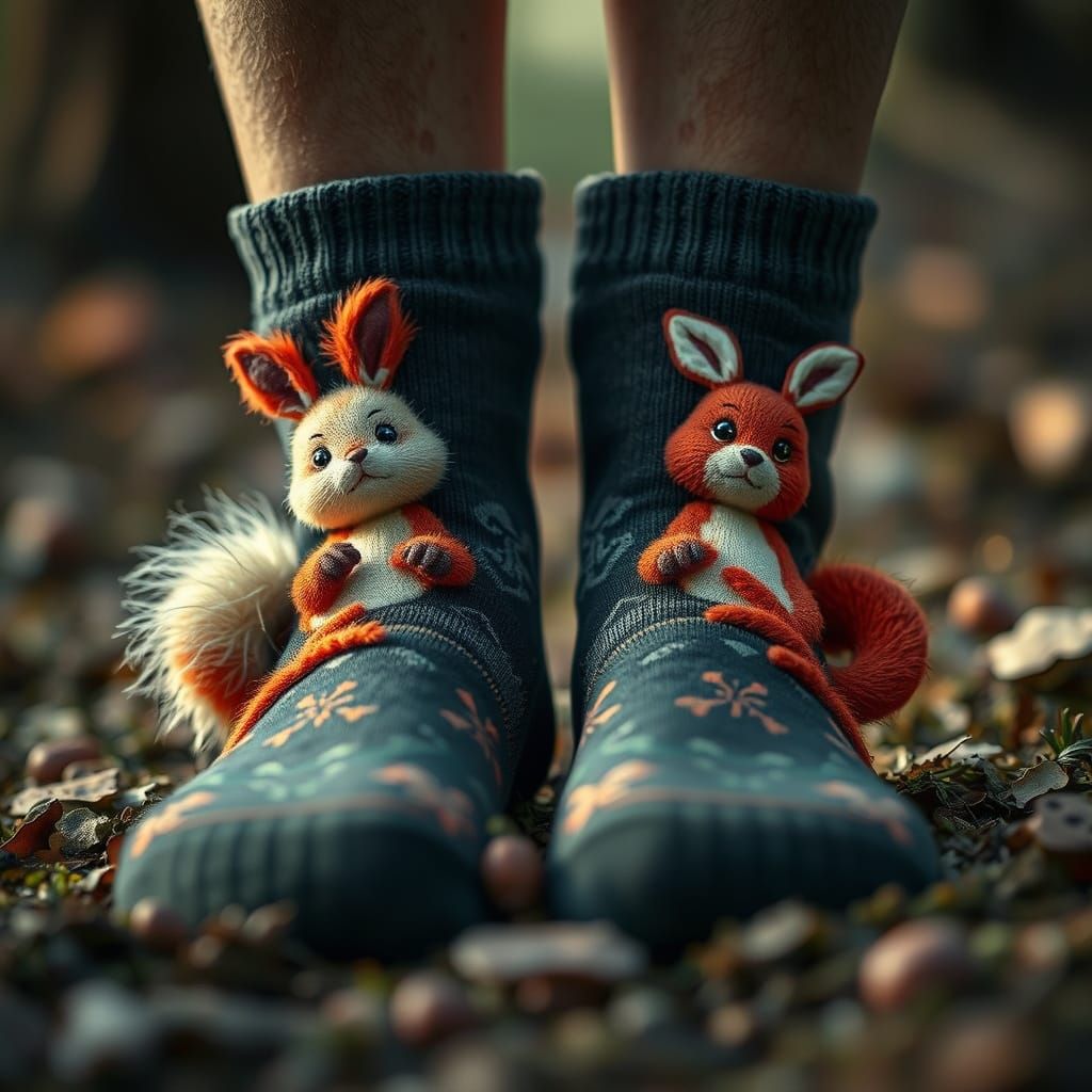 Long Socks with Forest Creatures: Hyperrealistic Photography