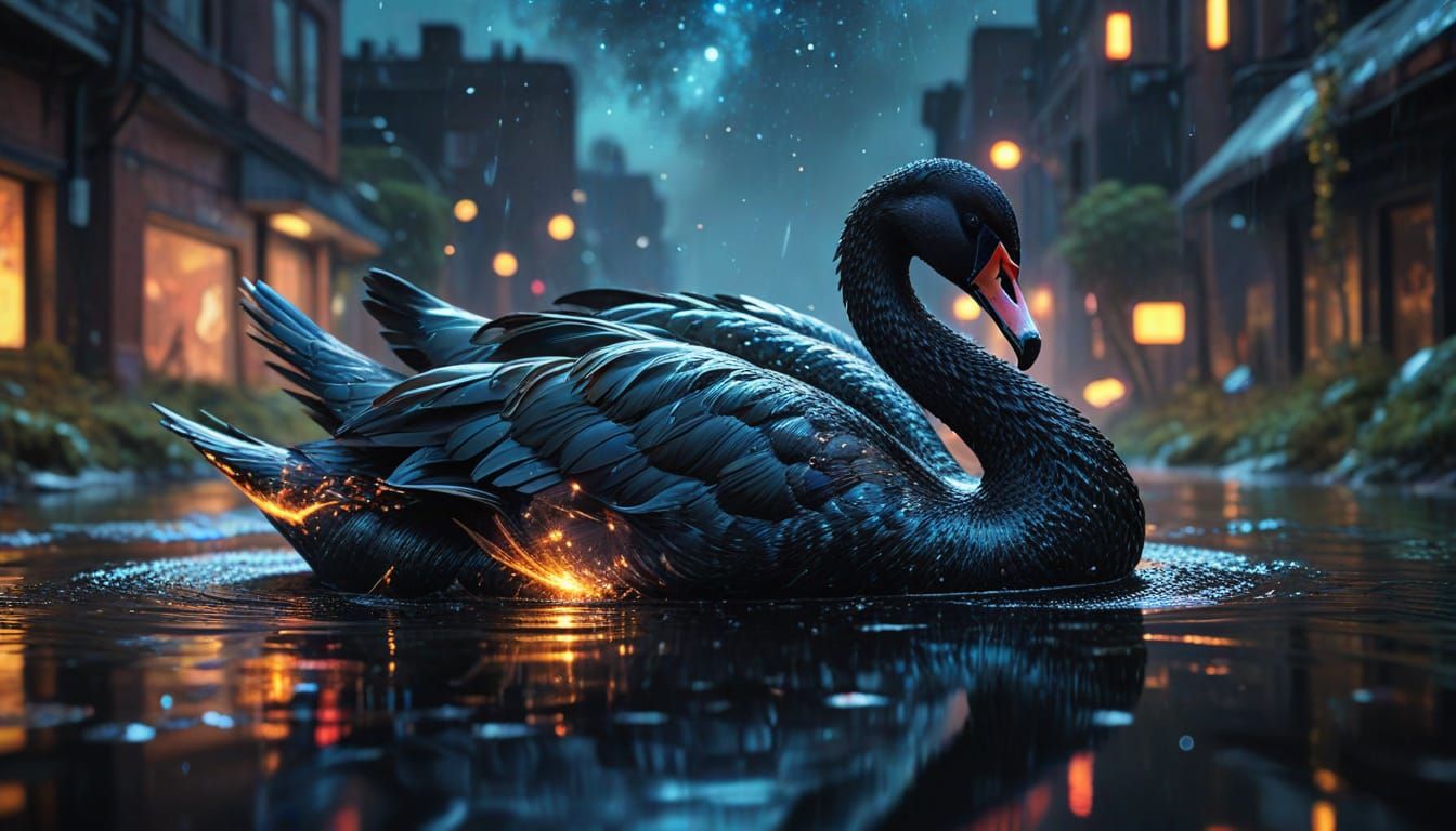 Ethereal Black Swan in Cosmic Night Sky