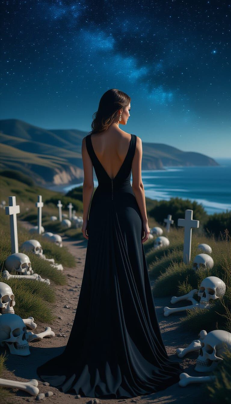 Elegant Woman in Dark Attire by Coastline, Cemetery Backgrou...