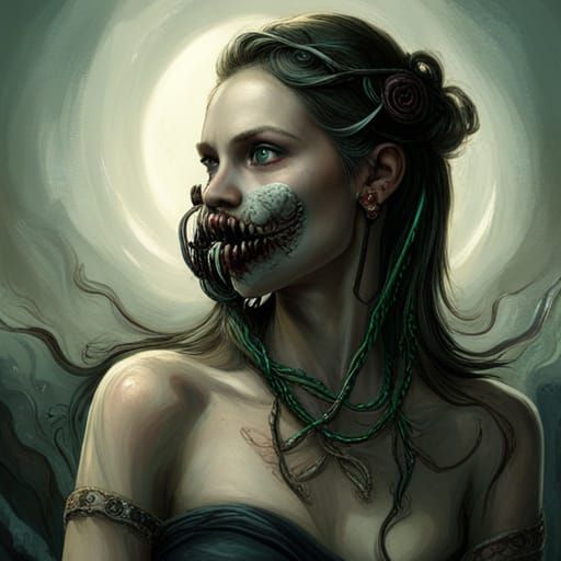 Gorgeous Woman with Fangs Holding Heart, Horror Style