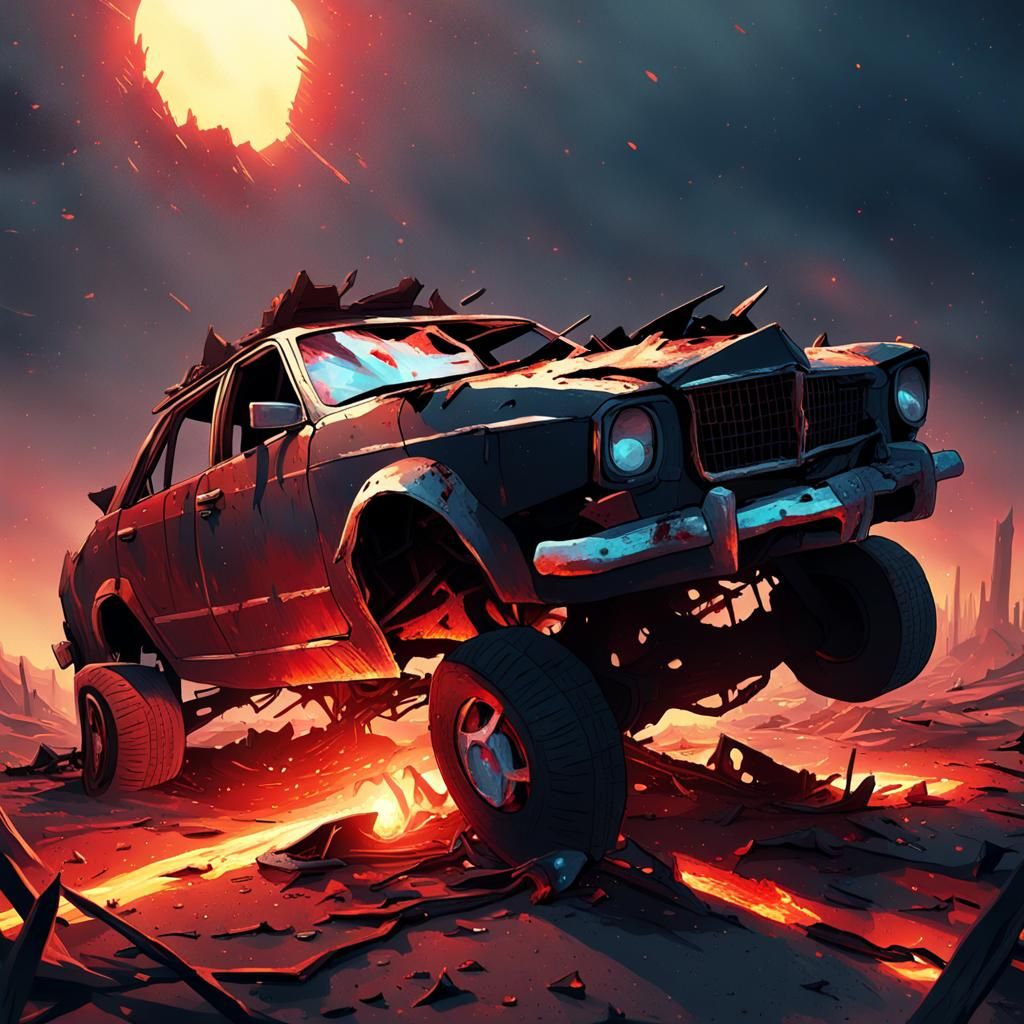 Dark Fantasy Car Wreck in Desolate Wasteland