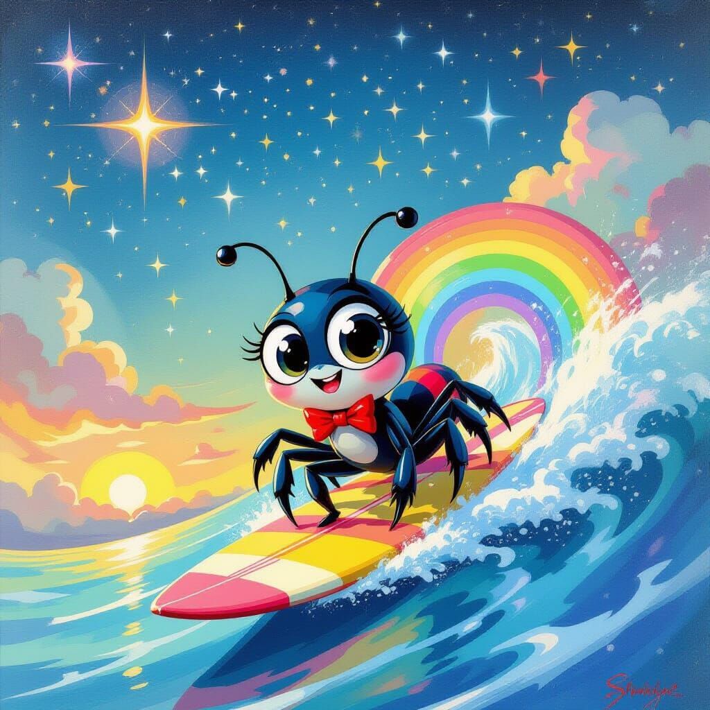 Sammini Spyderini Surfing Rainbow Wave in Dreamlike Style