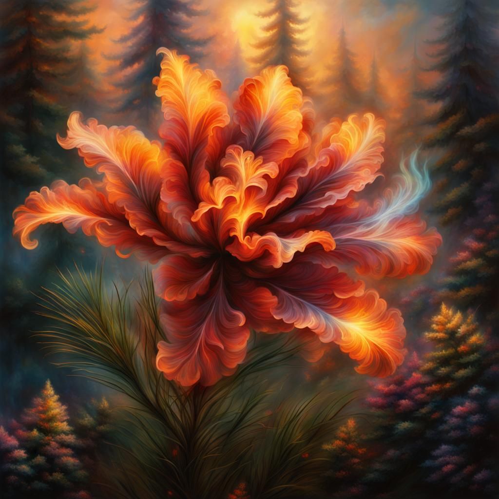 Ethereal Smoke Flower with Embers and Coniferous Backdrop