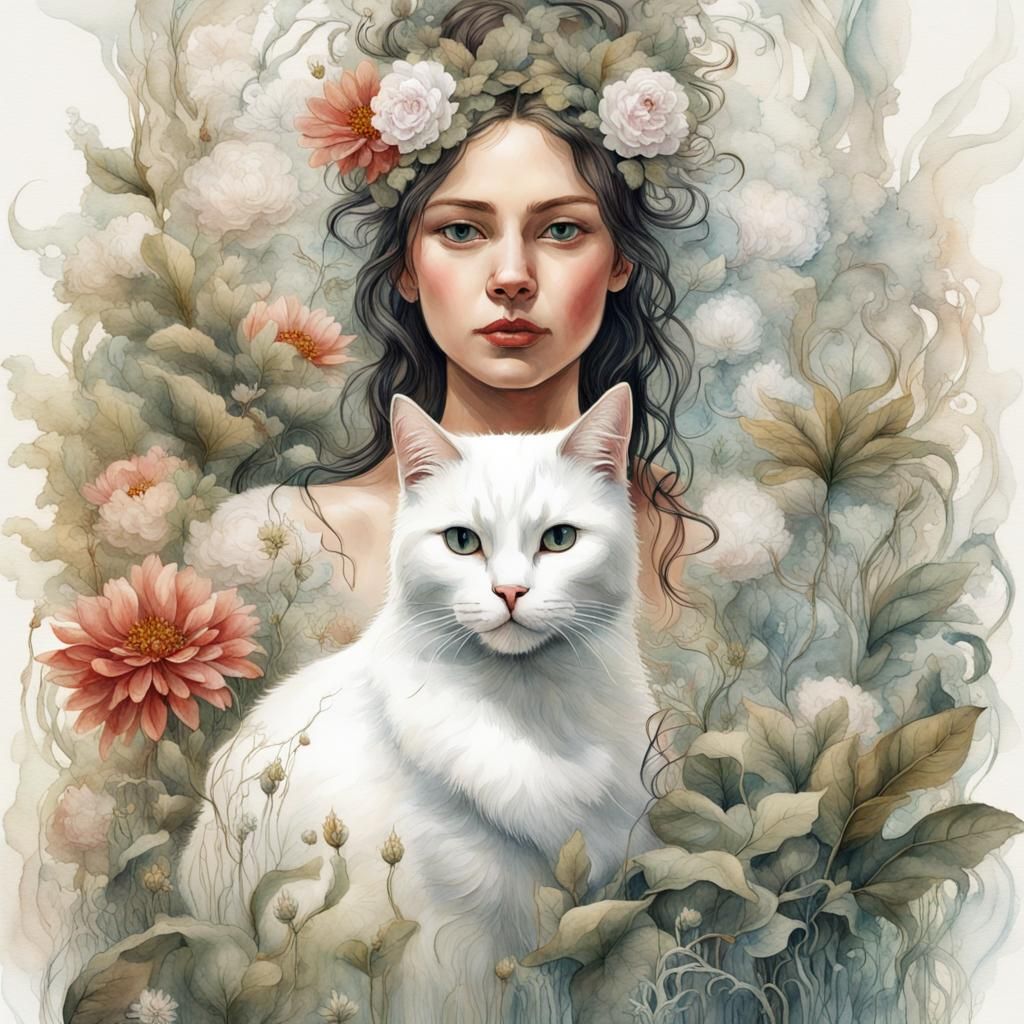 Woman with Cat in Watercolor Floral Design