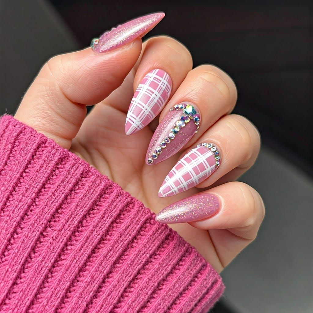 Elegant Stiletto Nails in Deep Pink and White Plaid