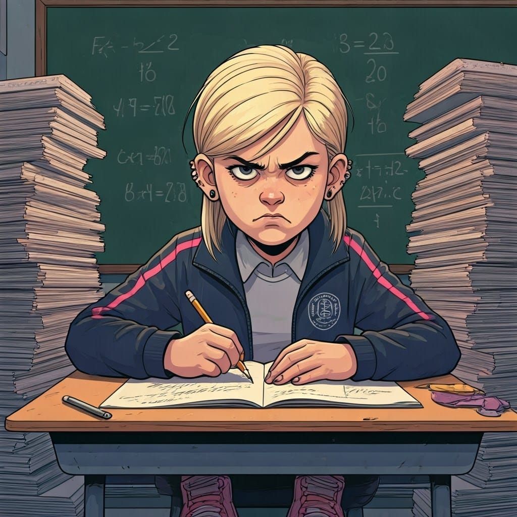 Indignant Girl Doing Math in Cinematic Realism