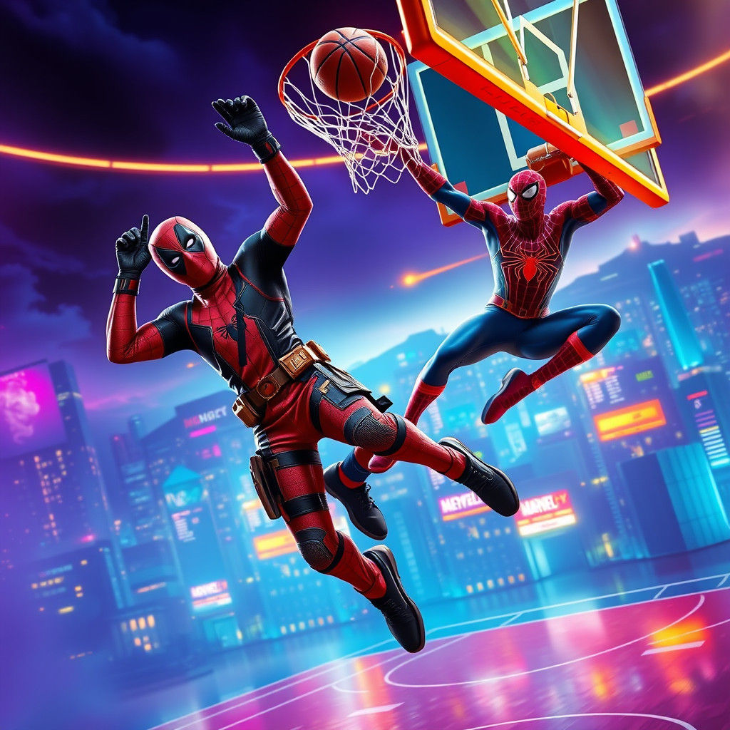 Deadpool and Spiderman Play Basketball in Cyberpunk City