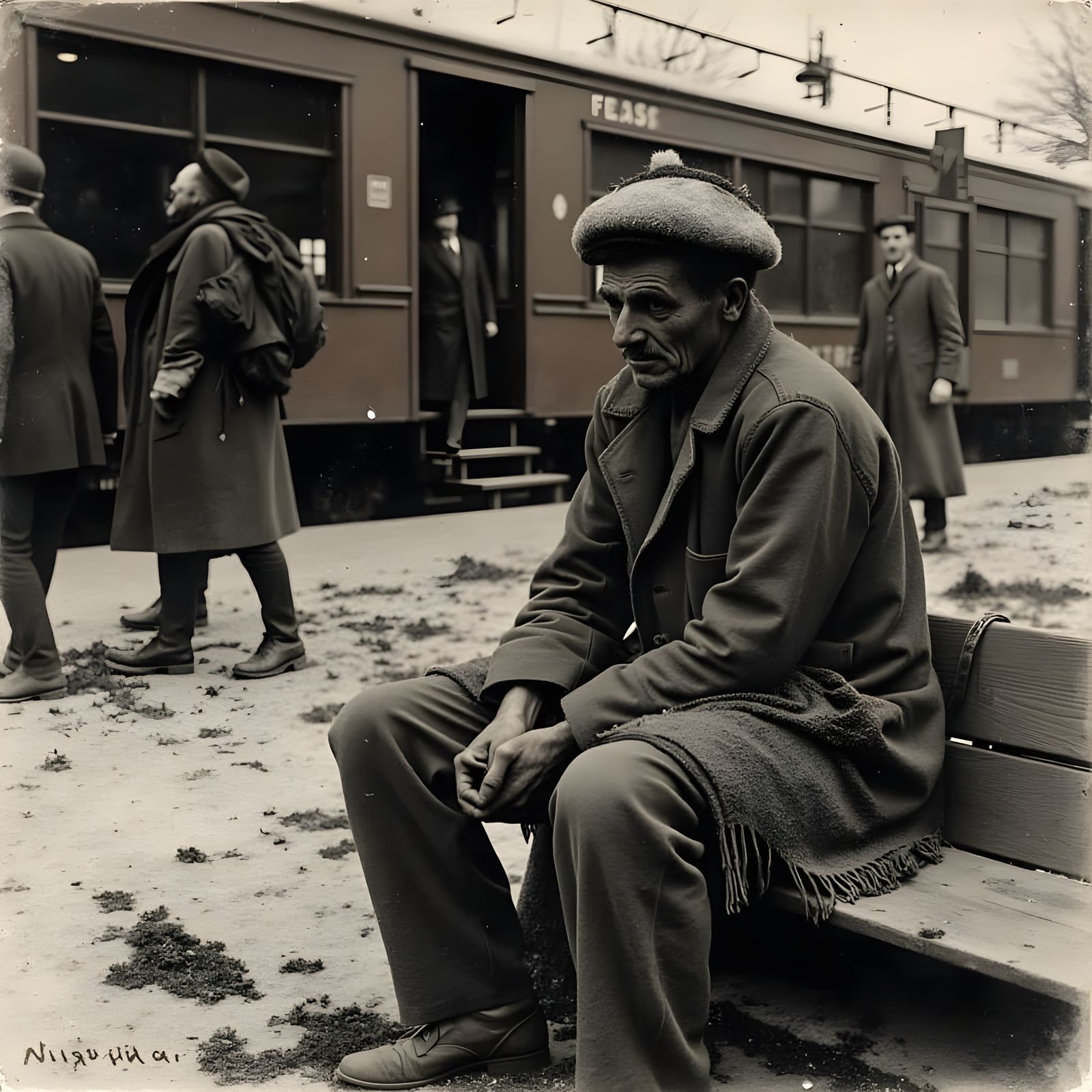 A Disheveled Man Fights the Cold in 1905 Train Station