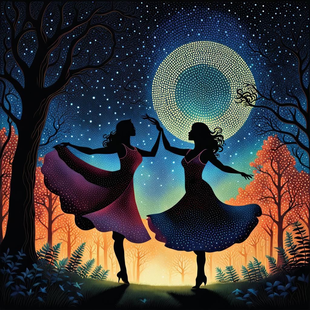 Woman Dancing in Moonlit Glade, Pointillism Style