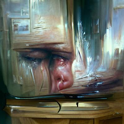 Melancholy Oil Painting of Person Watching TV