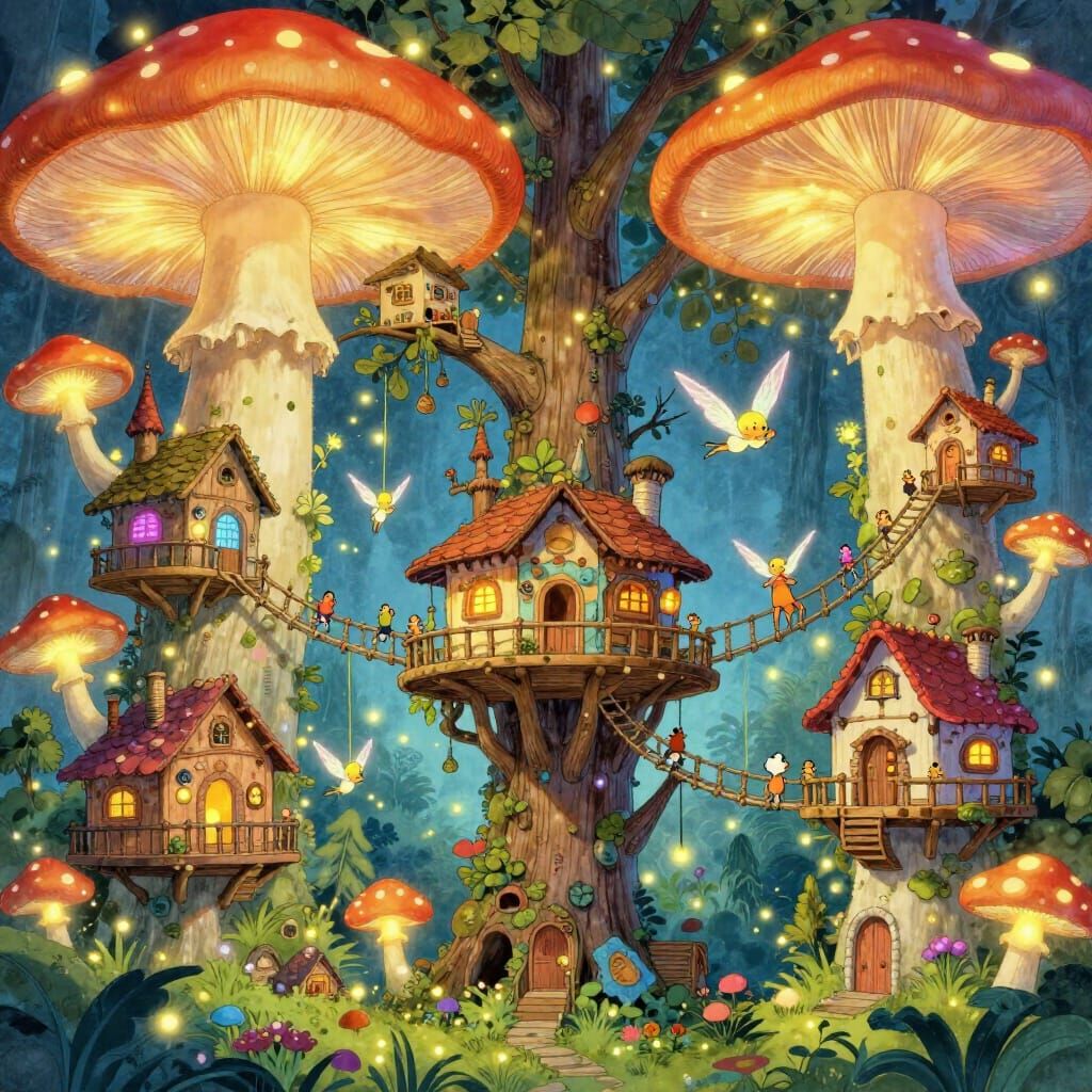 Whimsical Treehouse Village Among Glowing Mushrooms