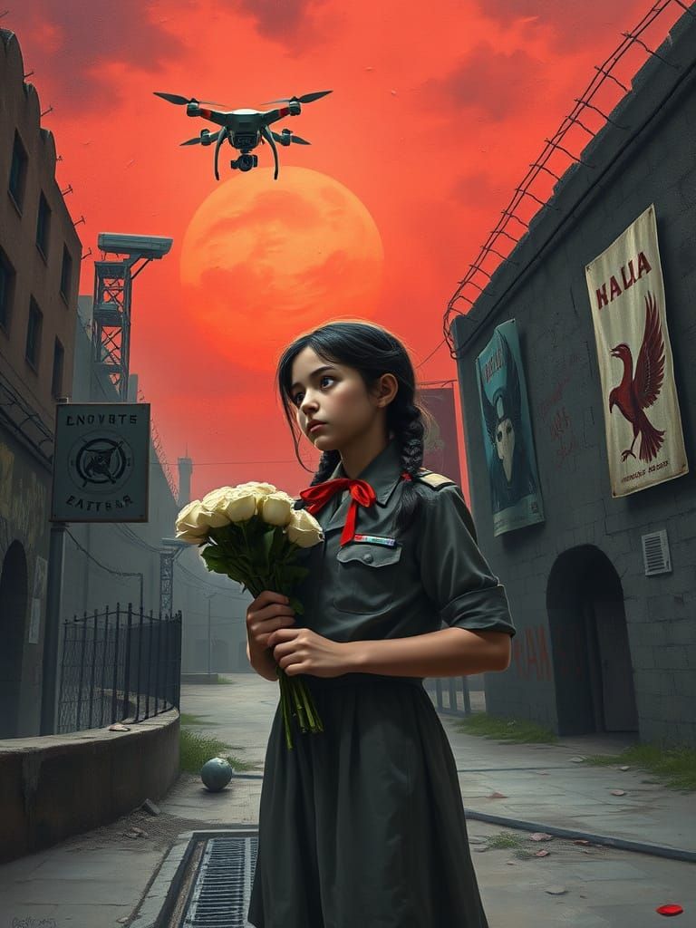 Young Rebel Defies Dystopian Regime in Dramatic Oil Painting