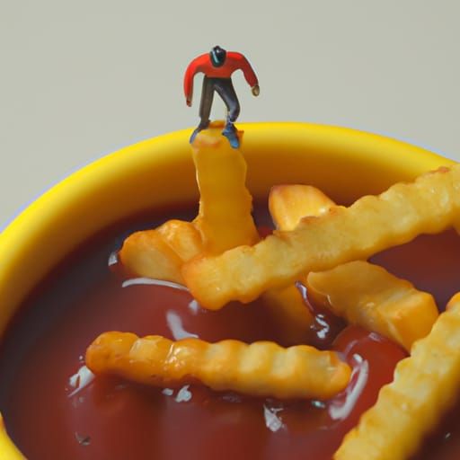 Surreal Tiny Diver About to Dive into Ketchup