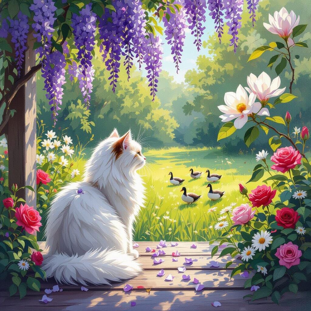 White Cat Gazes at Geese in Sunlit Garden