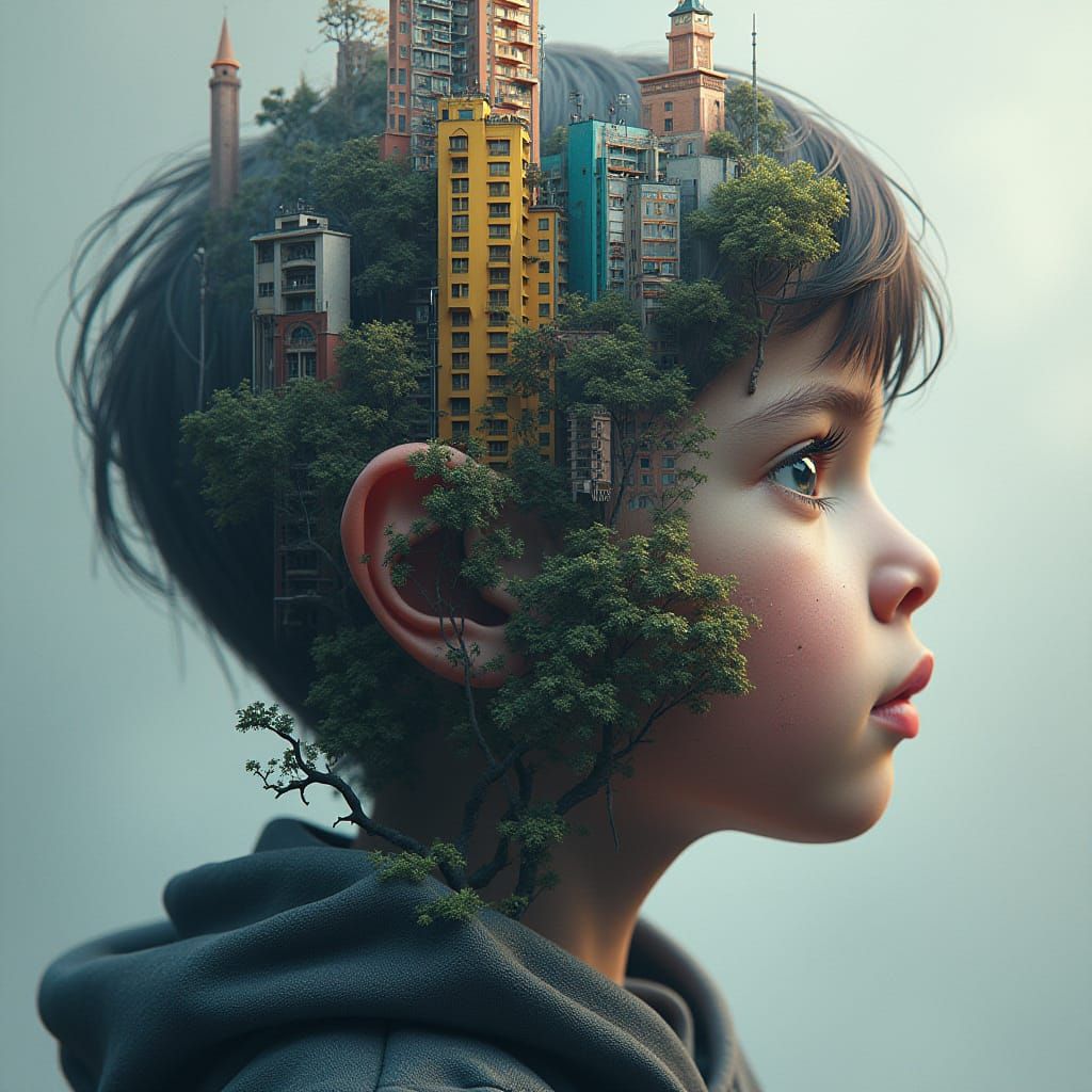 Surreal Child Merging with Urban Architecture