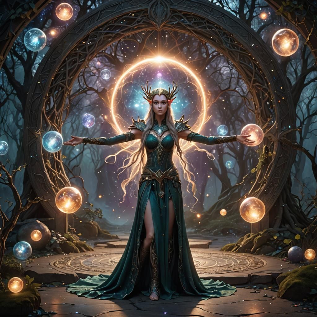 Elven Goddess Portrait with Magic Orbs in Cosmic Setting