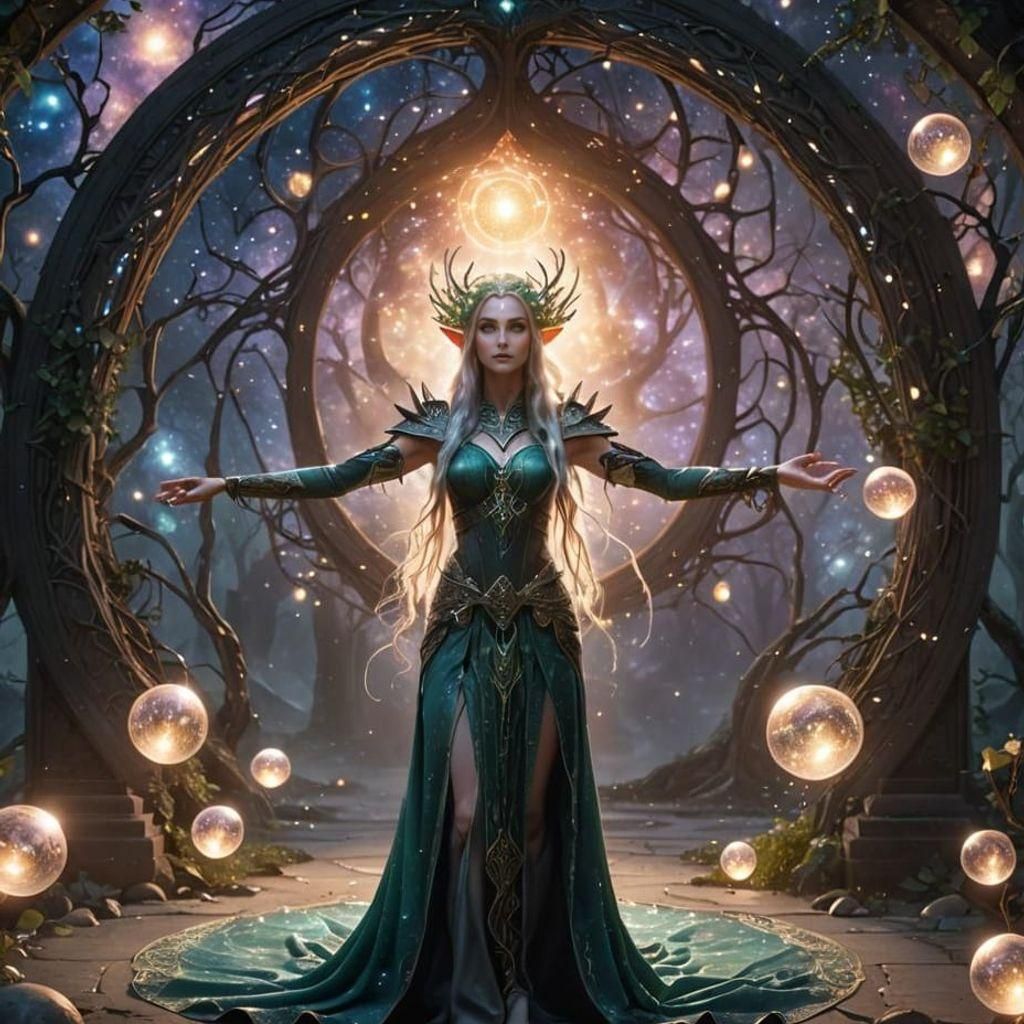 Elven Goddess Portrait with Magic Orbs in Cosmic Scene