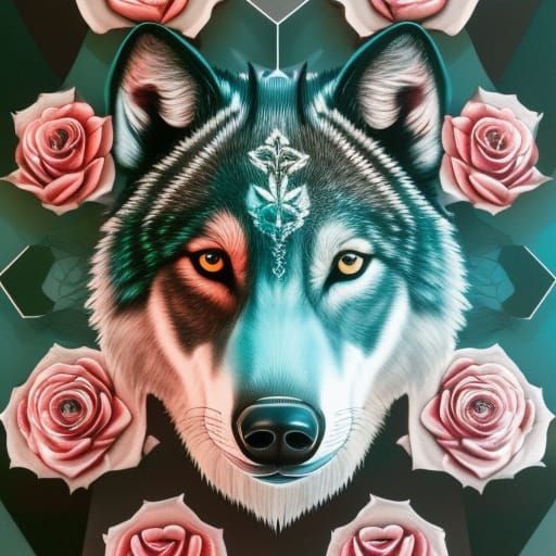 Detailed Wolves and Roses Mandala in Bauhaus Style