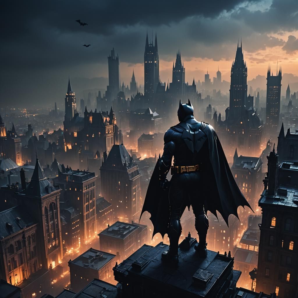 Batman on Gotham Rooftop: Gothic Fantasy Concept Art