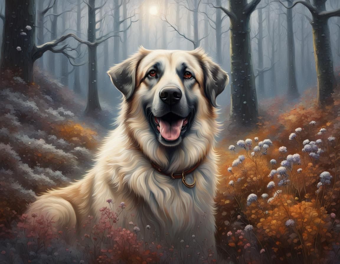 Anatolian Shepherd Dog Portrait in Winter Forest