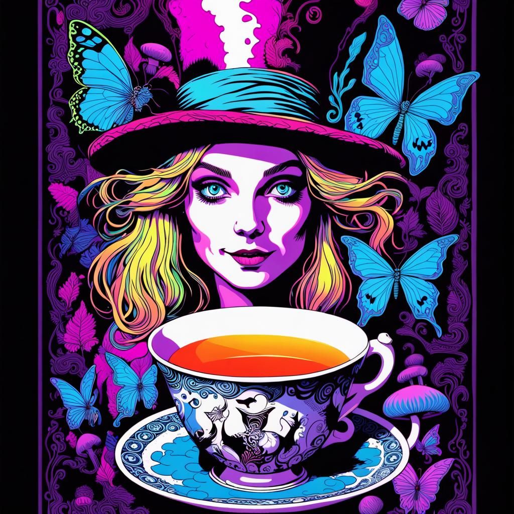 Blacklight  poster of Alice as   The Mad Hatter in Wonderland, tea cup, butterflies, mushrooms,  canabis leaf, Psychedel...