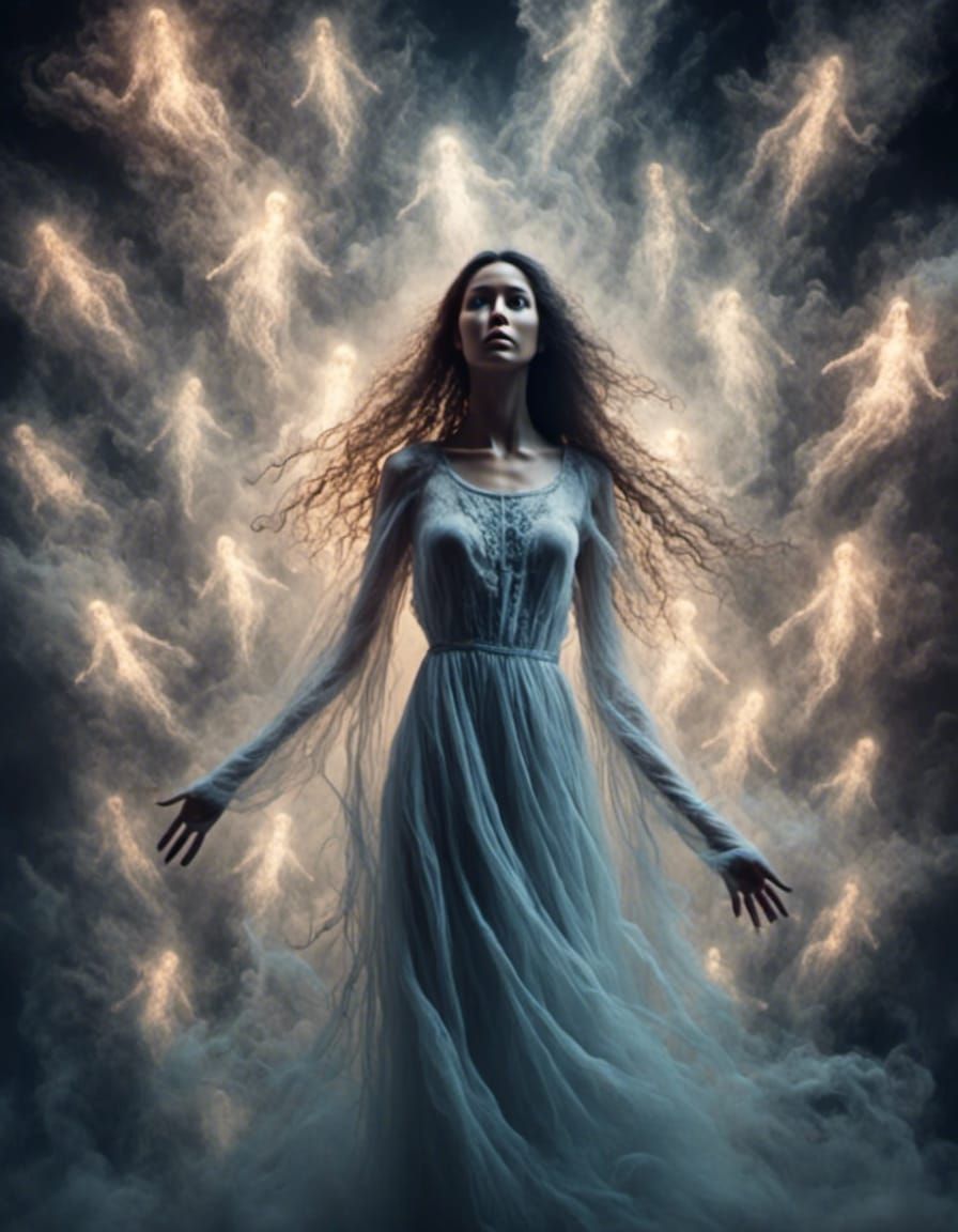 Eerie Woman Surrounded by Ghostly Entities