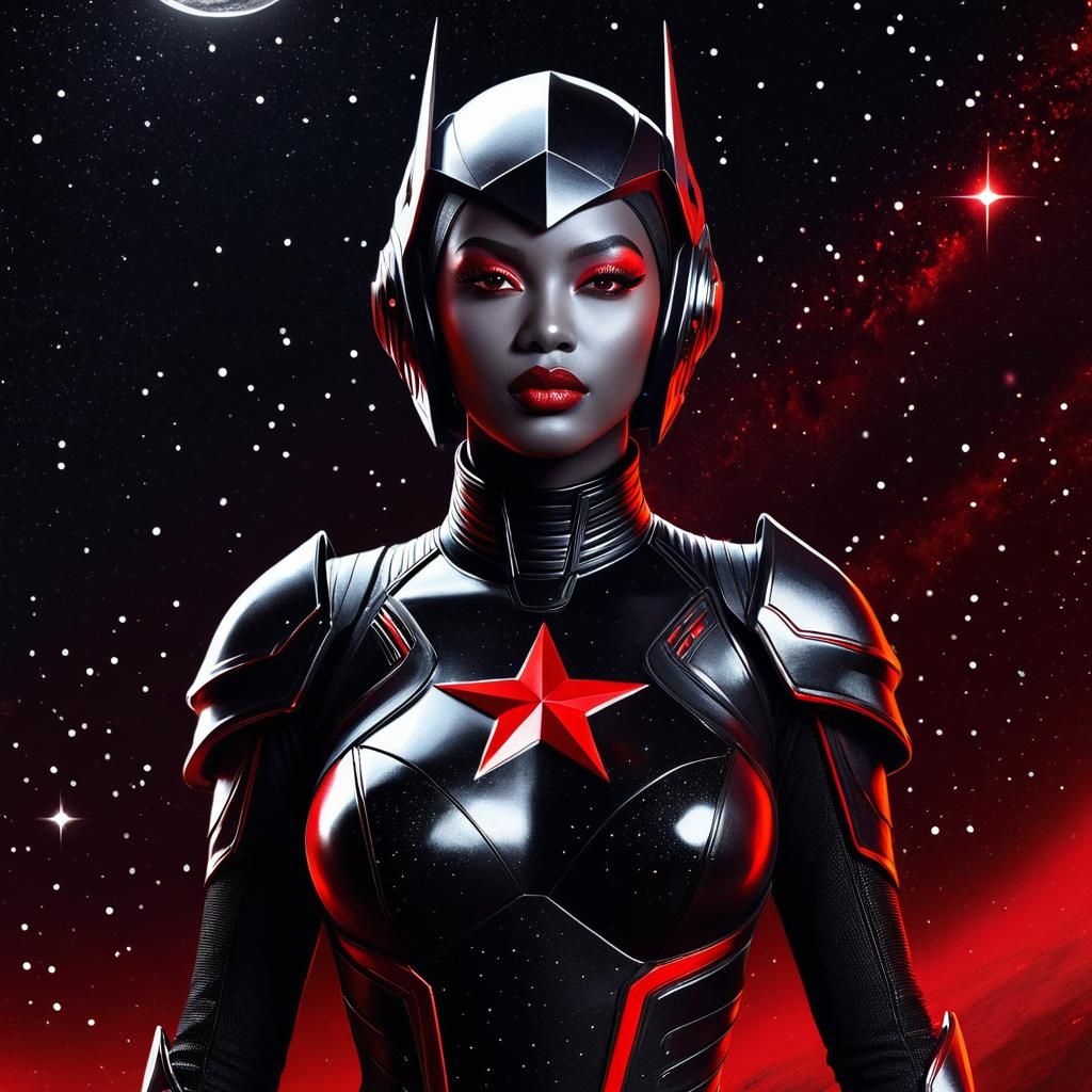 Futuristic Woman in Charcoal Illustration with Red Accents