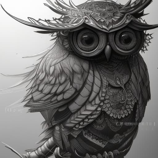 Detailed Mystical Owl in Zentangle Art Nouveau Style