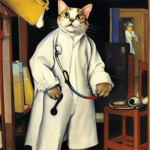 Cat Neurosurgeon Portrait in Impressionist Style